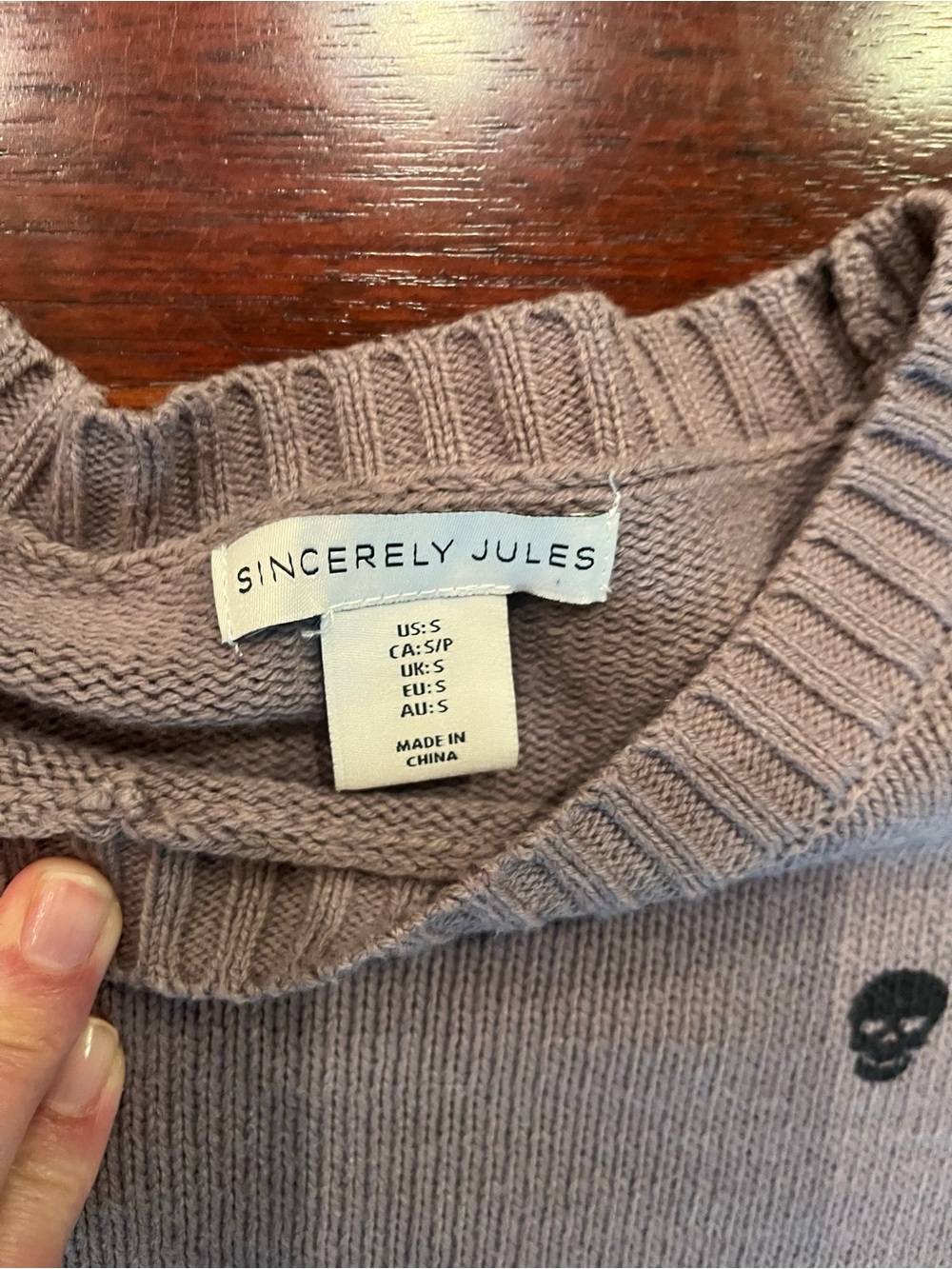 Sincerely Jules Lavender Gray Crewneck Sweater with Black Skull Motif Sz Small - Picture 2 of 6